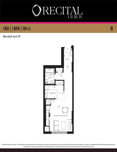 Floor plan for 1 bed, 1 bath, 554 sqft